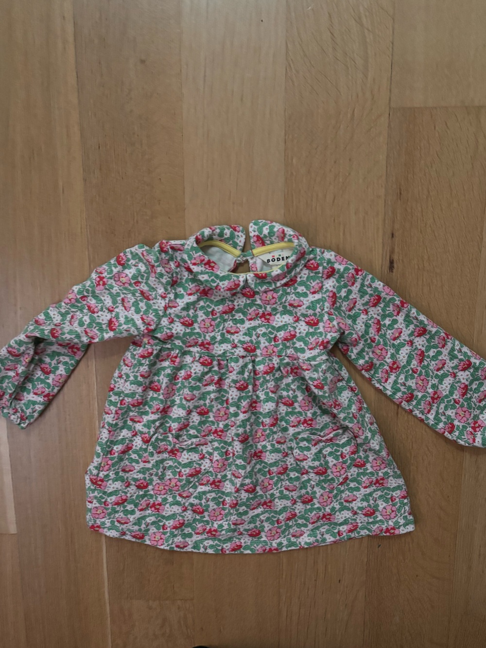 Mini Boden: 3/4T- Floral Long-Sleeve Baby Dress in Pink & Green